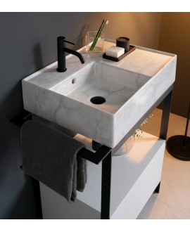 Meuble de salle de bain métal noir, une vasque effet marbre blanc et un tiroir blanc 69x43.5cm hauteur 90cm scaxsolid25