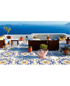 Carrelage décor fleurs ronde bleu, jaune et blanc, brillant, sol et mur, 34x34cm savmed capri