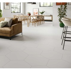 Carrelage hexagone blanc mat contemporain grand format rectifié 56x48.3cm, sol et mur realargos white