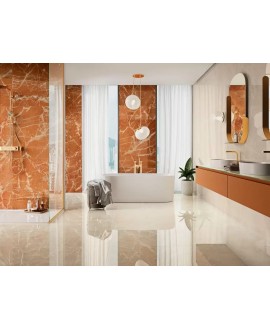 Carrelage imitation marbre ivoire veiné poli brillant, salon, XXL 98x98cm rectifié, Porce1863 crema