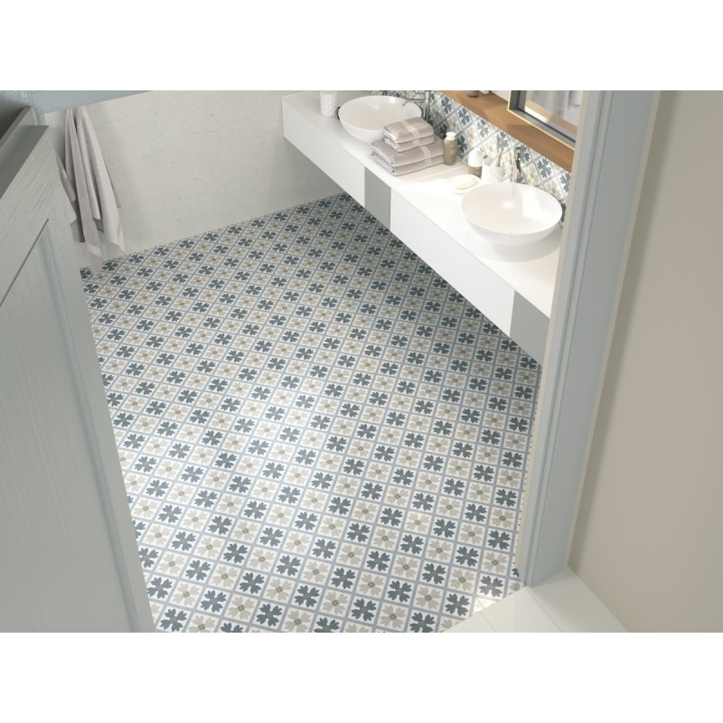 Carrelage imitation carreau ciment bleu et blanc 15x15x0.9cm, R10 apemartia