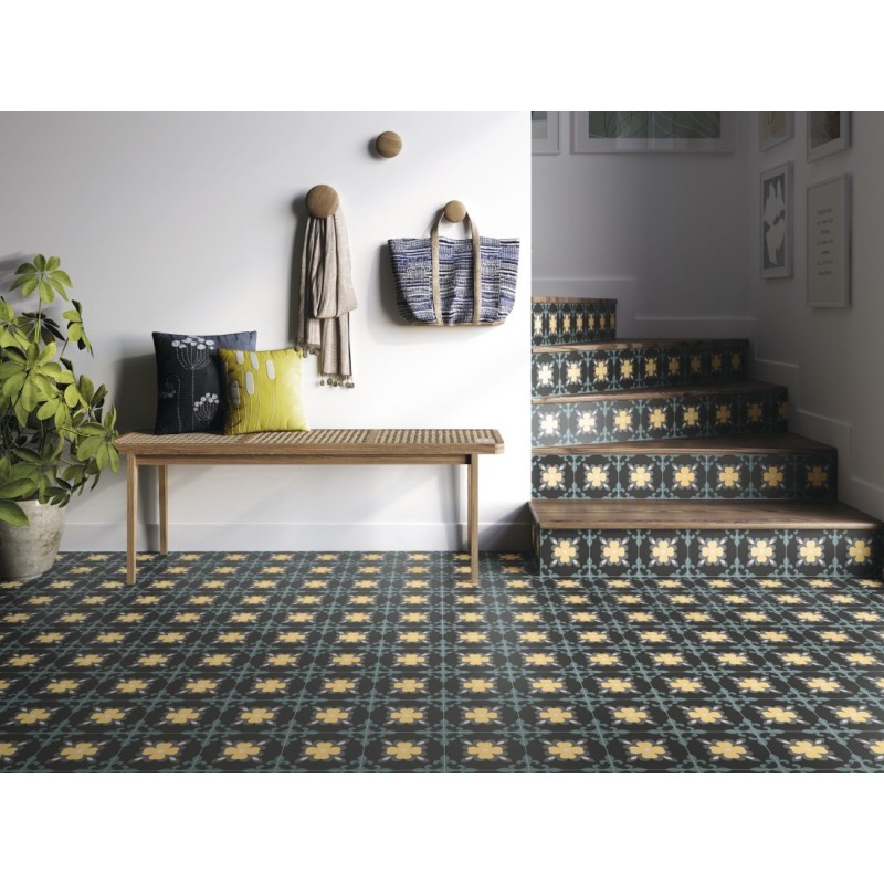 Carrelage imitation carreau ciment jaune et noir 15x15x0.9cm dans la cuisine R10 apedahlia nigh