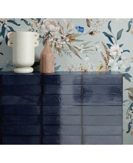 Carrelage imitation zellige effet matière bleu foncé brillant, mur, 5x20cm rectifié santatetrix ocean lux