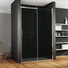 Paroi de douche fixe + coulissant verre fumé, droit, montant INOX brillant, hauteur 200cm megxaxer