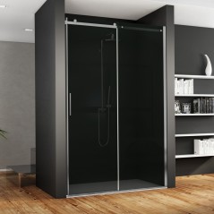 Paroi de douche fixe + coulissant verre fumé, droit, montant INOX satiné, hauteur 200cm megxaxer P1S