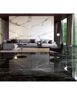 Carrelage imitation marbre noir veiné blanc mat rectifié 60x60cm, 75x75cm, 75x150cm refxmarquina soft