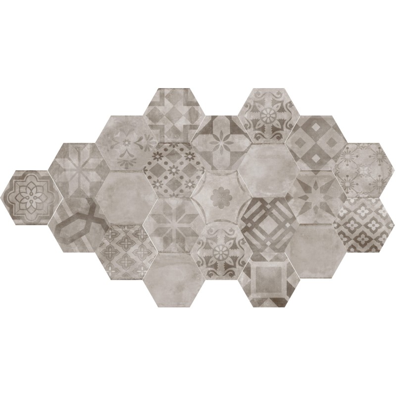 Carrelage hexagone imitation carreau ciment patchwork gris , sol et mur, 17x20cm pasicmenorca grigio