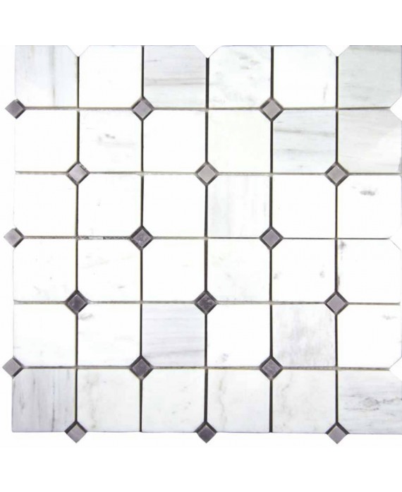 Mosaique décor octogone marbre blanc brillant avec cabochon gris sur trame 30x30cm mox victoria blanco