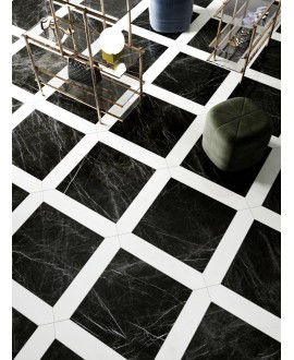 Carrelage decor marbre noir 60X60cm et navette marbre blanc 14.5x74.5cm poli brillant rectifié refxmarquina