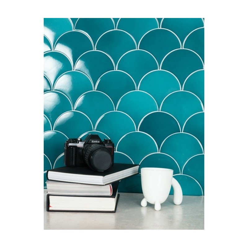 Carrelage écaille de poisson turquoise brillant12.6x6.2X0.9cm pour le mur estix mystic turchese