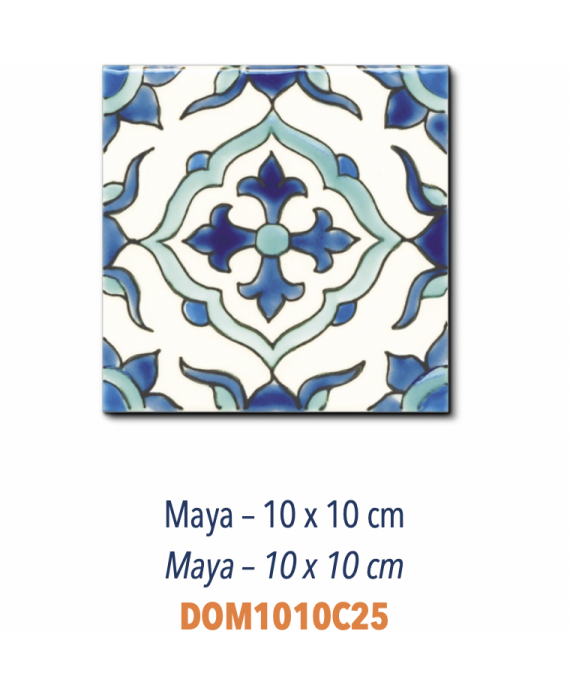 Carrelage brillant méditérranéenne 10x10x0,8cm décor peint à la main, Dif maya fond ivoire