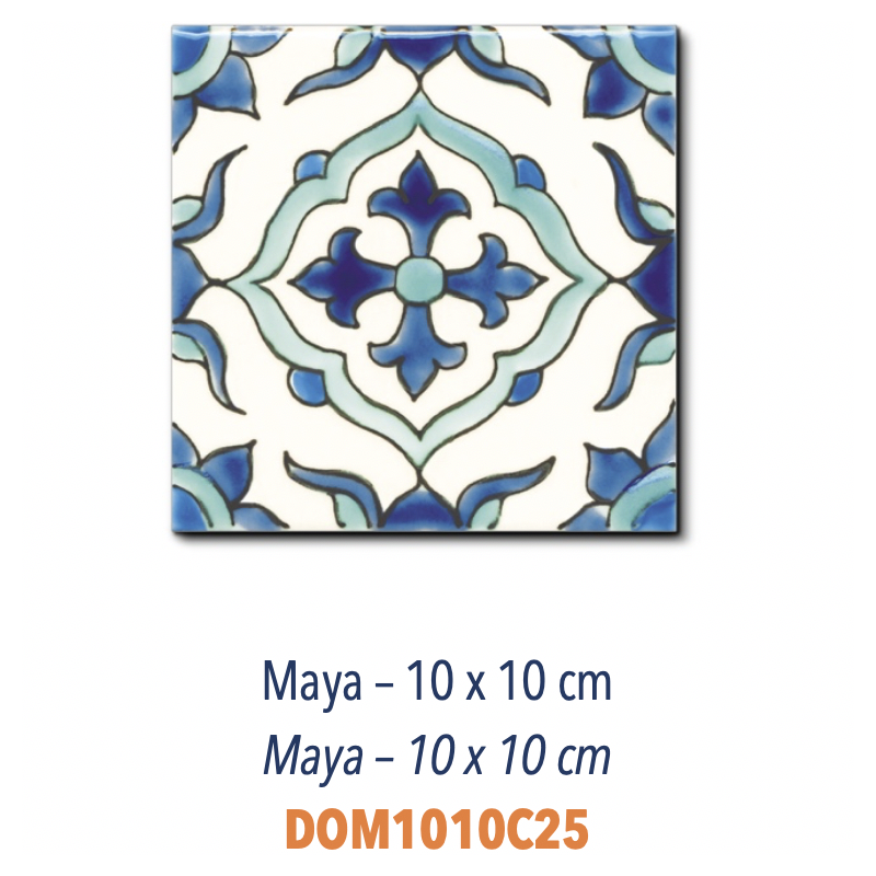 Carrelage brillant méditérranéenne 10x10x0,8cm décor peint à la main, Dif maya fond ivoire