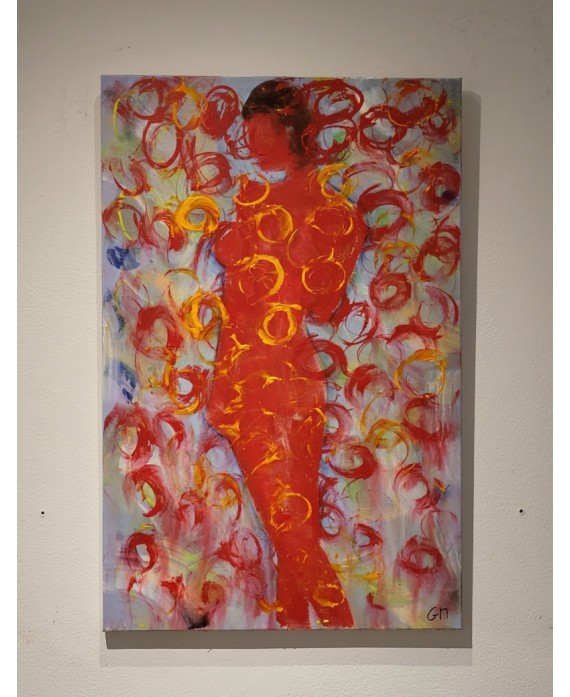 Peinture contemporaine, tableau moderne de nu figuratif, acrylique sur toile 100x65cm intitulée: femme debout de dos