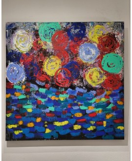 Peinture contemporaine, tableau moderne abstrait, acrylique sur toile 100x100cm, vase aux fleurs