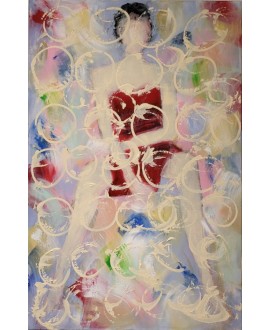 Peinture contemporaine, tableau moderne de nu figuratif, acrylique sur toile 100x65cm intitulée: femme assise à robe rouge