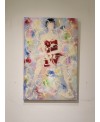 Peinture contemporaine, tableau moderne de nu figuratif, acrylique sur toile 100x65cm intitulée: femme assise à robe rouge