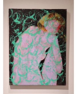 Peinture contemporaine, tableau moderne figuratif, acrylique sur toile 80x60cm intitulée: femme violet assise de dos