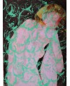 Peinture contemporaine, tableau moderne figuratif, acrylique sur toile 80x60cm intitulée: femme violet assise de dos