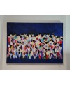 Peinture contemporaine figurative, acrylique sur toile 100x73cm: hommes qui marchent abstrait fond bleu