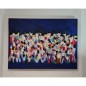 Peinture contemporaine  figurative, acrylique sur toile 100x73cm: hommes qui marchent abstrait fond bleu
