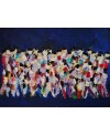 Peinture contemporaine figurative, acrylique sur toile 100x73cm: hommes qui marchent abstrait fond bleu