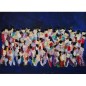 Peinture contemporaine  figurative, acrylique sur toile 100x73cm: hommes qui marchent abstrait fond bleu