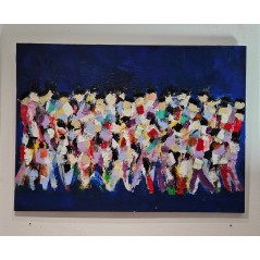 Peinture contemporaine  figurative, acrylique sur toile 100x73cm: hommes qui marchent abstrait fond bleu