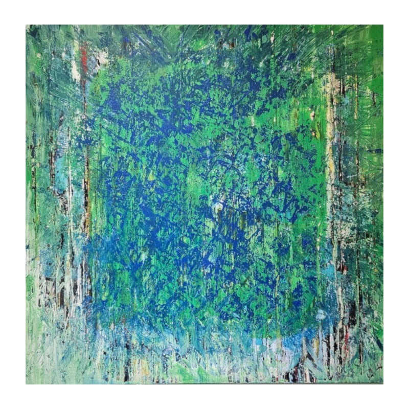 Peinture contemporaine, tableau moderne abstrait, acrylique sur toile 100x100cm, étude en vert et bleu