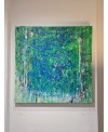 Peinture contemporaine, tableau moderne abstrait, acrylique sur toile 100x100cm, étude en vert et bleu