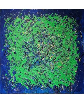 Peinture contemporaine, tableau moderne abstrait, acrylique sur toile 100x100cm, big bang vert sur fond bleu