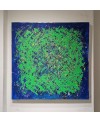 Peinture contemporaine, tableau moderne abstrait, acrylique sur toile 100x100cm, big bang vert sur fond bleu