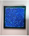 Tableau contemporain abstrait, acrylique sur toile 100x100cm, abstraction bleu et cadre vert