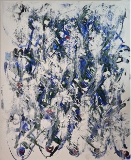 Peinture contemporaine acrylique et collage sur toile 100x81cm: multitete abstraite en vert et bleu2