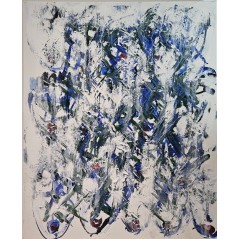 Peinture contemporaine acrylique et collage sur toile 100x81cm: multitete abstraite en vert et bleu2