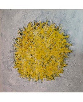 Tableau contemporain abstrait, acrylique sur toile 100x100cm, big bang jaune sur fond blanc