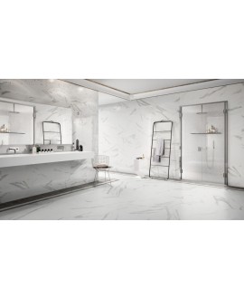 Carrelage imitation marbre blanc veiné de gris satiné 60x60cm rectifié, salon, statuario venato