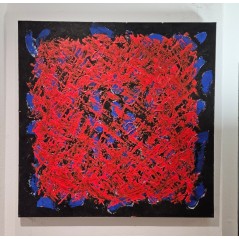 Peinture, tableau contemporain acrylique sur toile 100x100cm: big bang rouge sur fond bleu et noir