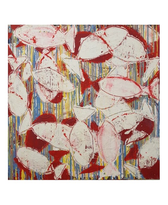Peinture contemporaine, tableau moderne figuratif, acrylique sur toile 100x100cm intitulée: poissons tigres blancs et rouges