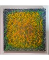 Peinture, tableau contemporain acrylique sur toile 100x100cm: big bang orangé sur fond bleu et vert