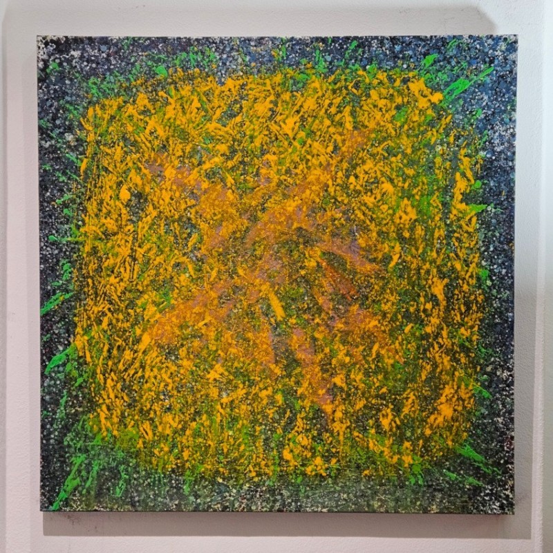 Peinture, tableau contemporain acrylique sur toile 100x100cm: big bang orangé sur fond bleu et vert