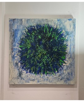 Peinture, tableau contemporain acrylique sur toile 100x100cm: big bang vert et bleu 1