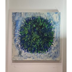 Peinture, tableau contemporain acrylique sur toile 100x100cm: big bang vert et bleu 1