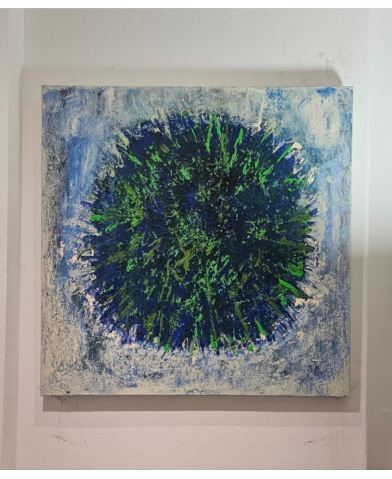 Peinture, tableau contemporain acrylique sur toile 100x100cm: big bang vert et bleu 1