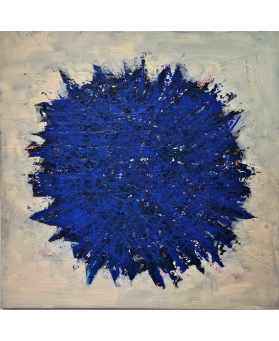 Peinture contemporaine, tableau moderne abstrait, acrylique sur toile 100x100cm, passion bleu sur fond ivoire