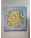 Peinture contemporaine, tableau moderne abstrait, acrylique sur toile 100x100cm, big bang jaune sur fond bleu
