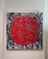 Peinture, tableau contemporain acrylique sur toile 100x100cm: big bang rouge sur fond noir strié