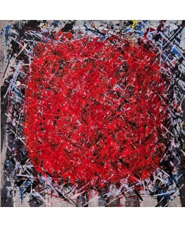 Peinture, tableau contemporain acrylique sur toile 100x100cm: big bang rouge sur fond noir strié