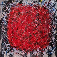 Peinture, tableau contemporain acrylique sur toile 100x100cm: big bang rouge sur fond noir strié