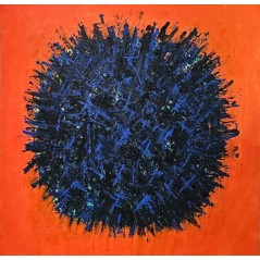 Peinture contemporaine, tableau moderne abstrait, acrylique sur toile 100x100cm, big bang bleu sur fond orange