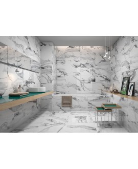 Carrelage imitation marbre poli brillant blanc veiné de noir rectifié, Géoxvaleria plata 60x60cm et 60x120cm